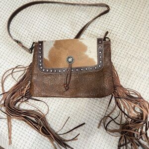 Brown and Tan Fringed Women's Bag